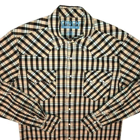 WESTERN PLAID PEARL SNAP SHIRT SIZE S MODERN FIT BROWN TAN COWBOY CINCH MENS - Picture 2 of 4